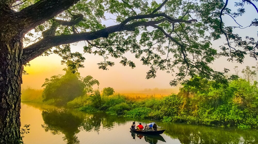 Couple on rowboat on lake reflecting sky behind trees in front of more trees at sunrise, Gazaria, Bangladesh