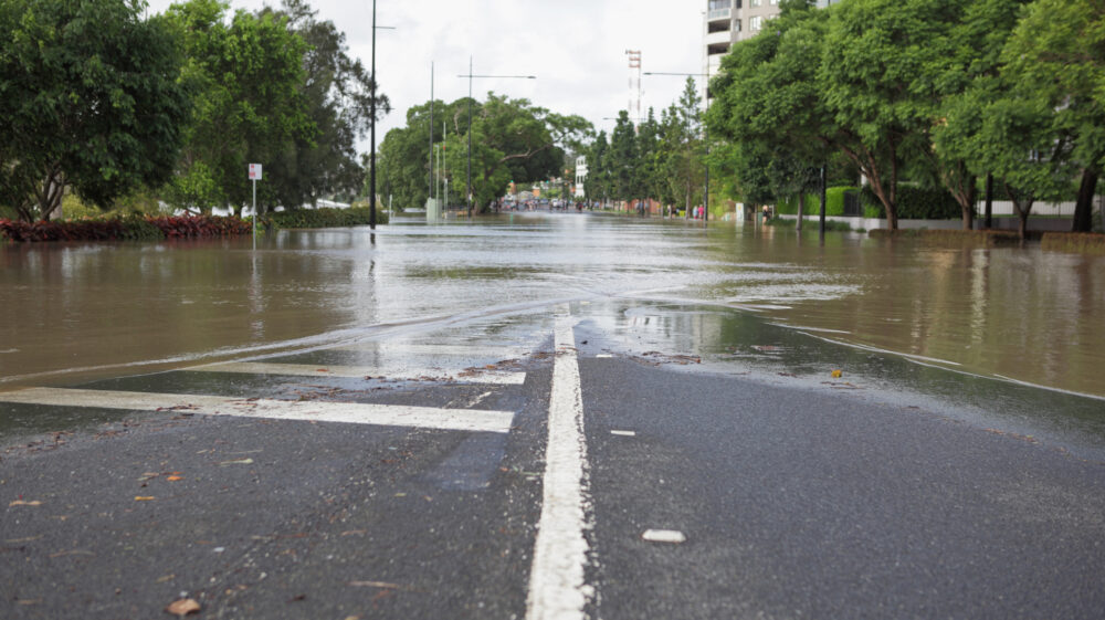 Major road flooded by Brisbane River, Australia
