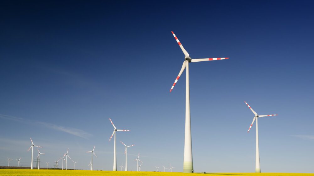 White wind turbines with red stripes in rapeseed field under blue-grey sky, Austria