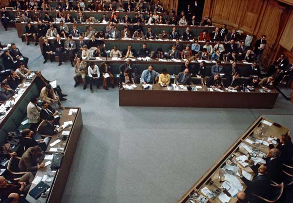 Aerial view of press conference by Secretary-General of United Nations Conference on Human Environment, Old Parliament Building, Stockholm, Sweden, 4 June 1972