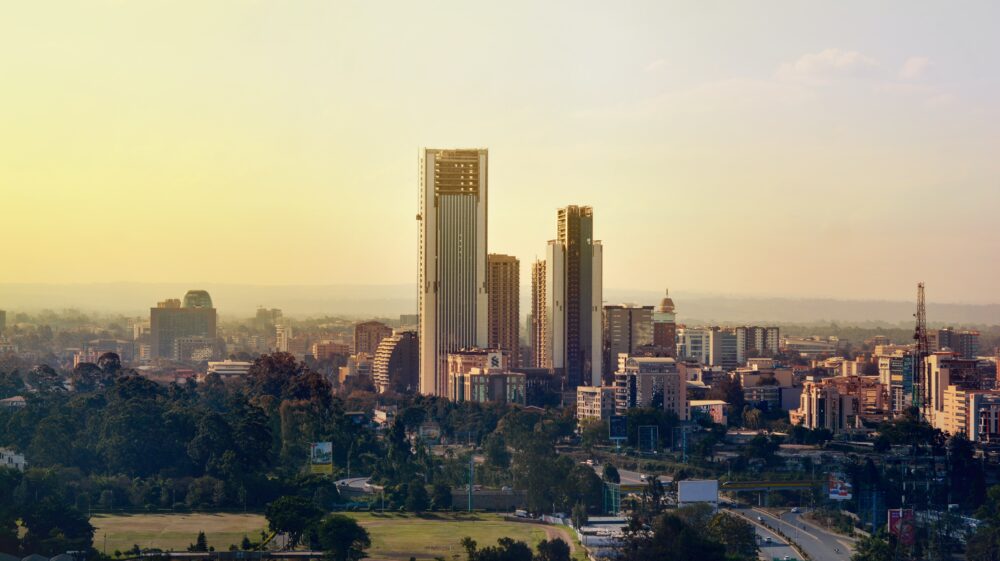 Downtown Nairobi skyline under hazy day, Kenya