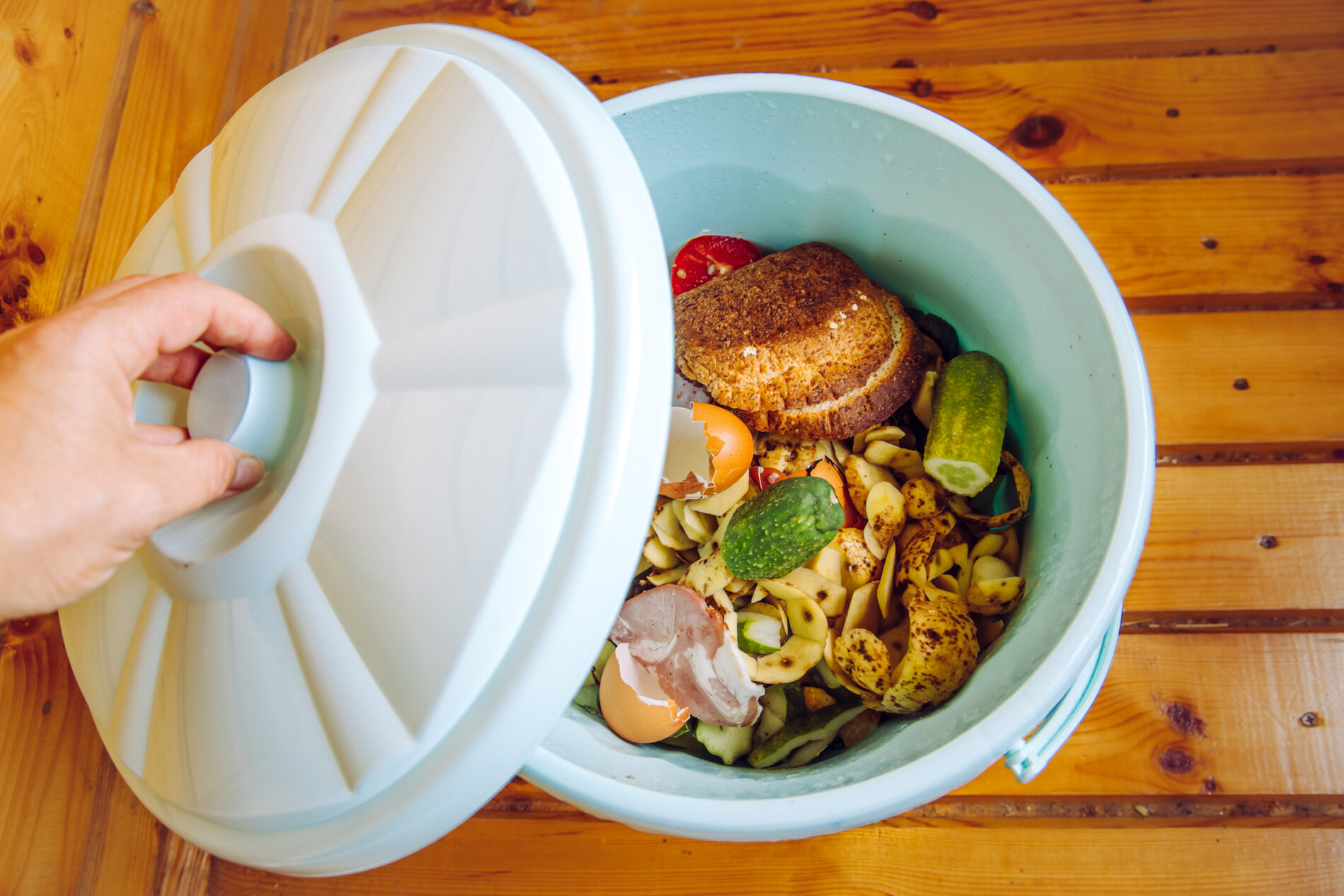 Organic food waste in garbage bin bucket with lid in home on floor to be composted, Estonia