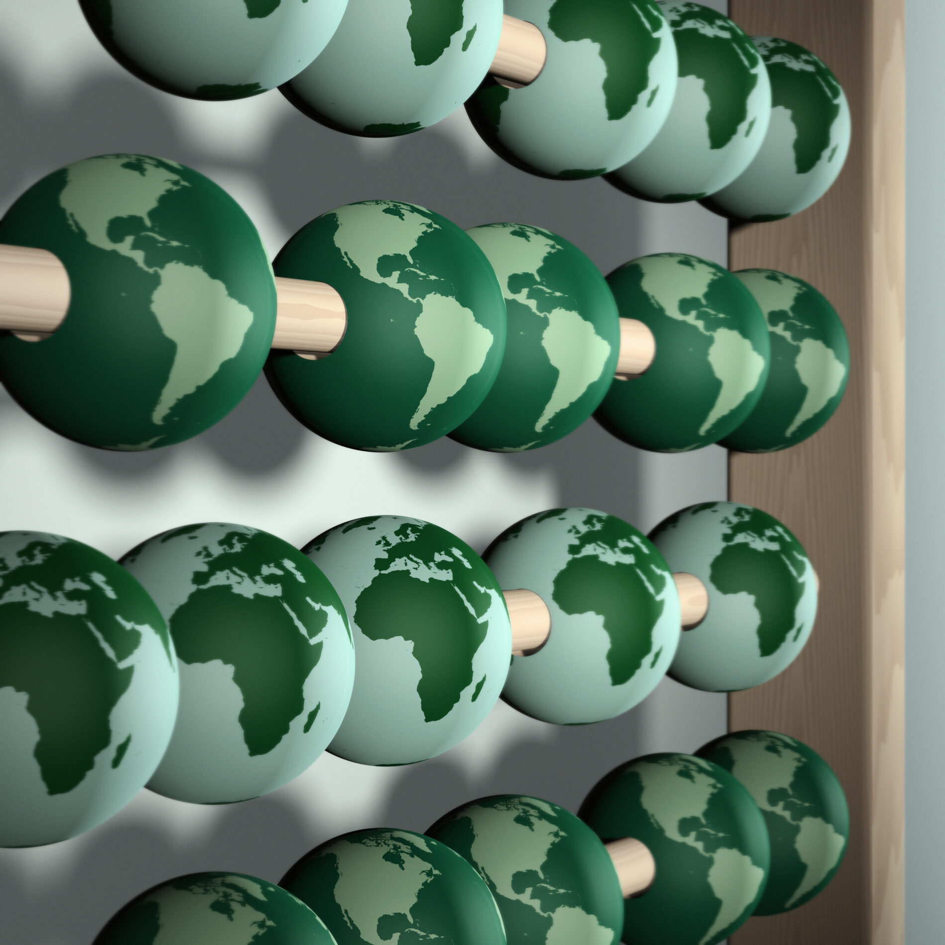 Conceptual illustration of abacus used to calculate cost of environmental damage on Earth. With shallow DOF using Earth map from NASA