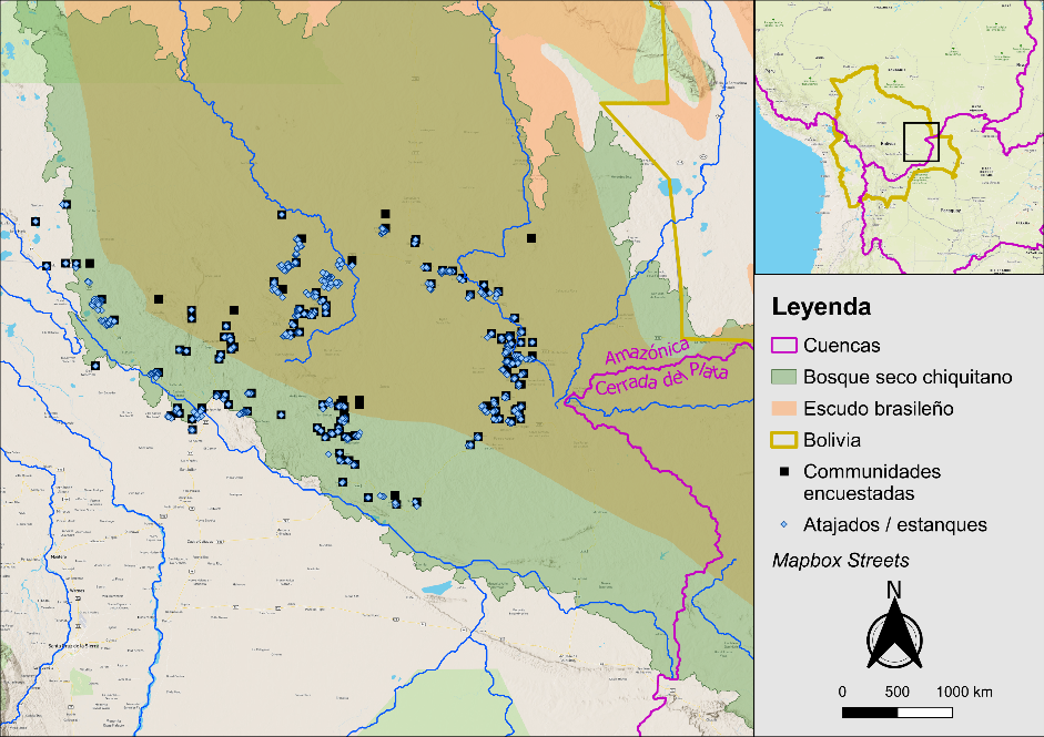 Mapa de comunidades muestreadas por socios del SEI en UAGRM en la sección de la cuenca del río Amazonas del bosque seco Chiquitano en el departamento de Santa Cruz de Bolivia