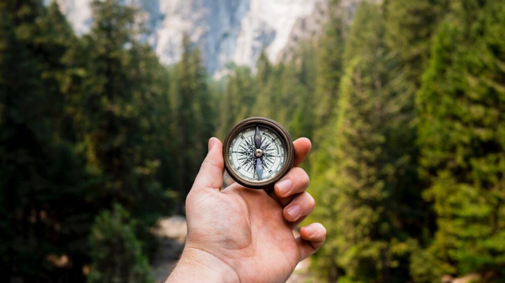 Outstretched hand holding compass, trees in background, Yosemite National Park, California, US