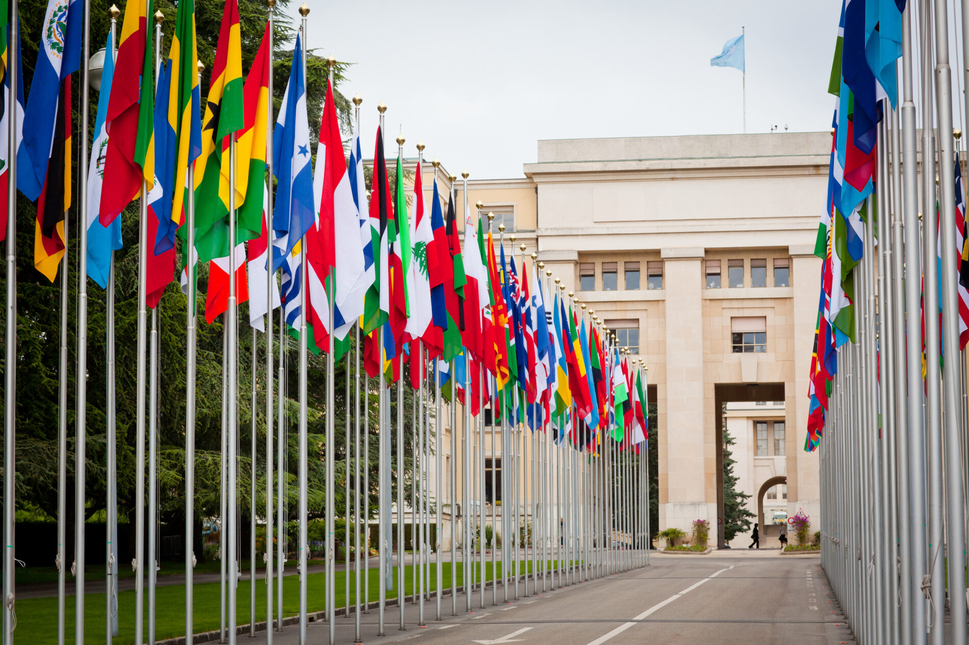 United Nations building with rows of flags