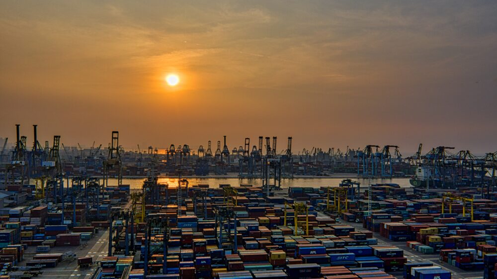 Seaport during golden hour at dusk