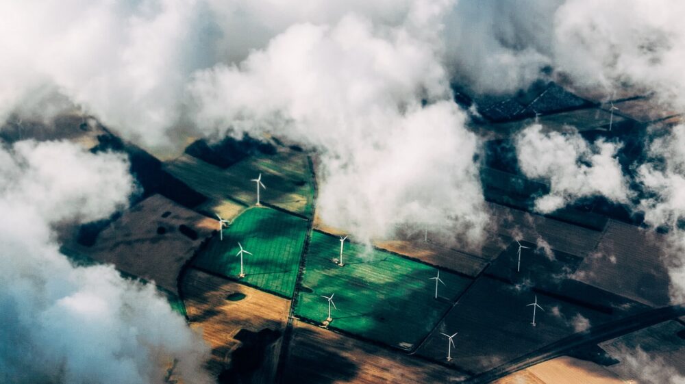 Fields under clouds from above