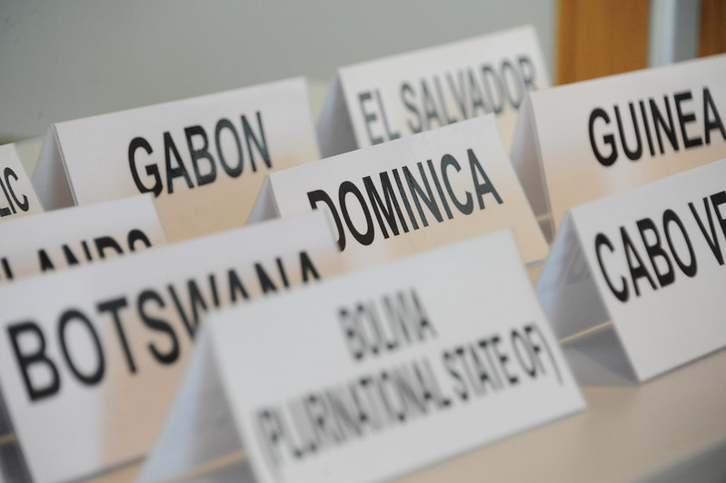 Country tags at a table at the Bonn Climate Change Conference in June 2019