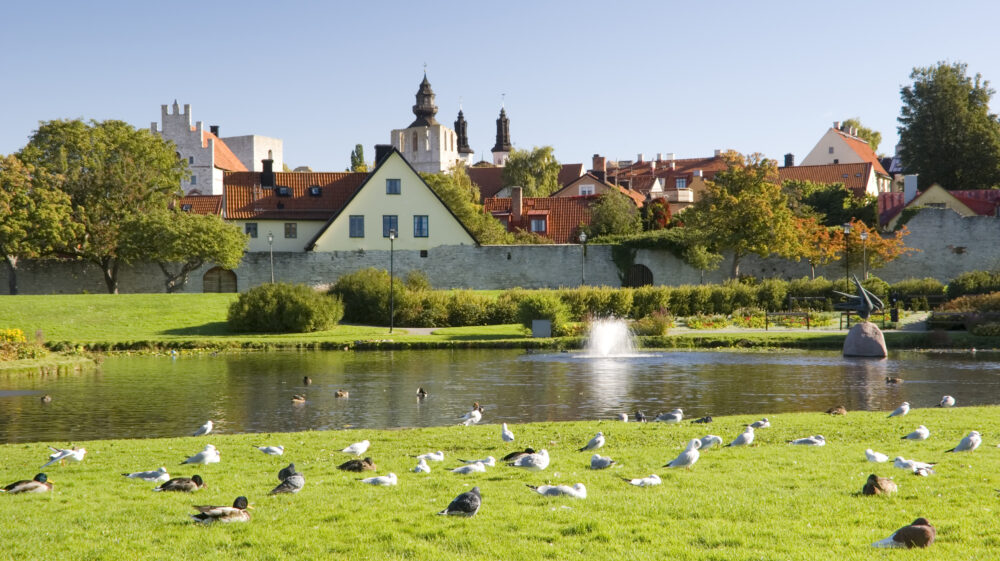 Almedalen and the cathedral of Visby in background, Gotland, Sweden