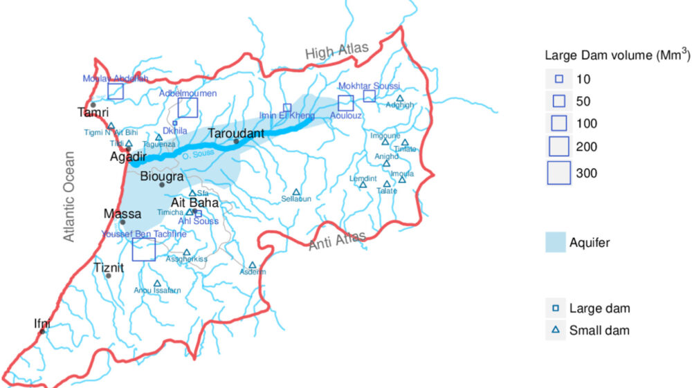 This figure maps the water resources of Morocco's Souss Massa River Basin, indicating the dams, rivers and aquifers in the region