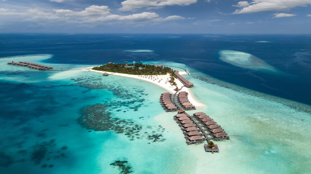 Aerial view of island village in Maldives