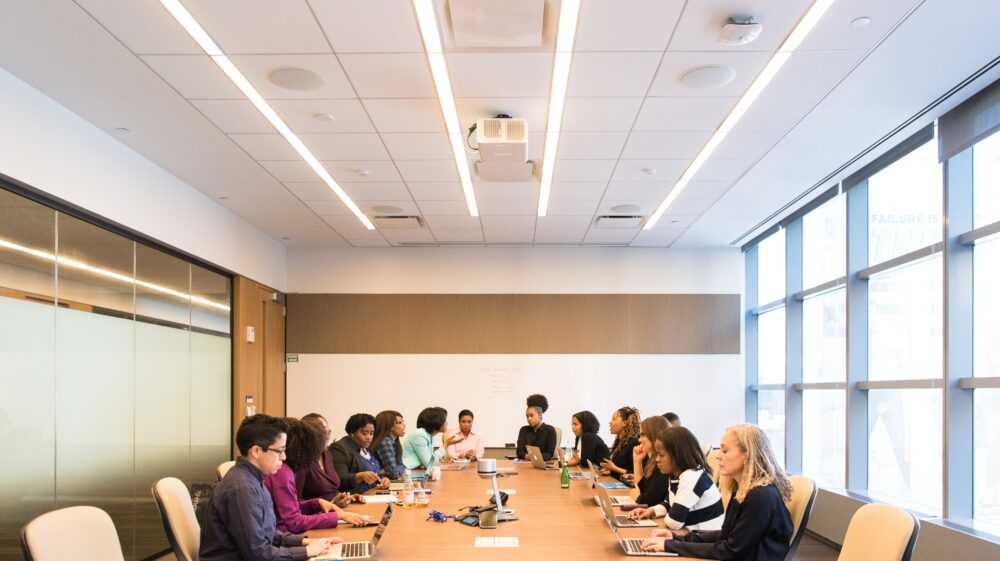 Meeting in a large boardroom