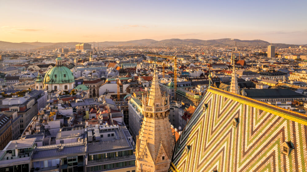 Aerial view of Vienna, Austria at twilight above St. Stephen's Cathedral