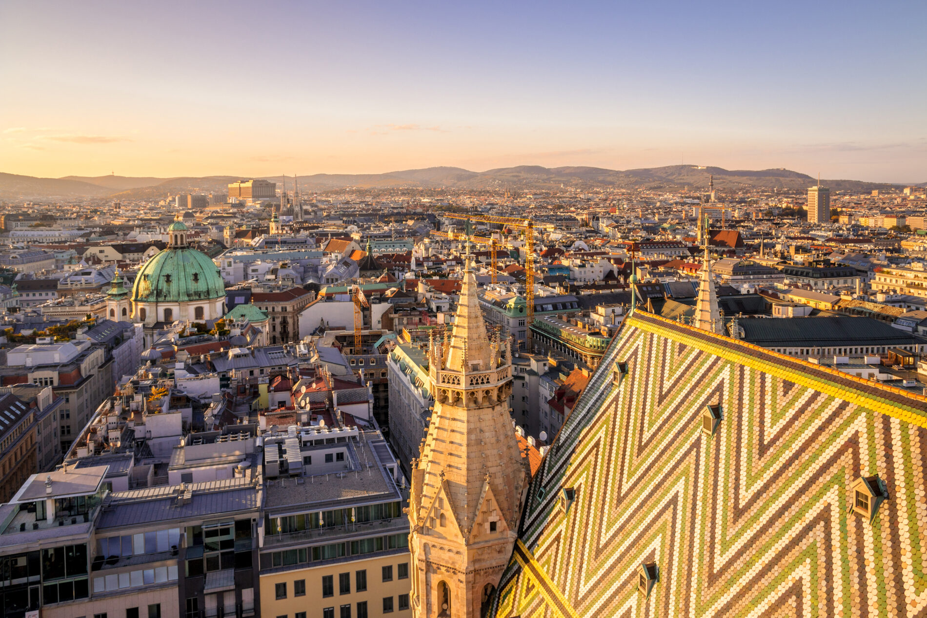 Aerial view of Vienna, Austria at twilight above St. Stephen's Cathedral