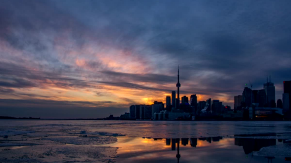 Toronto skyline at dusk in winter