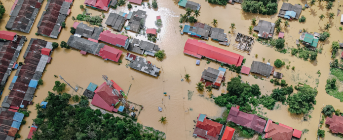 Aerial view of the city affected by heavy rain and flood