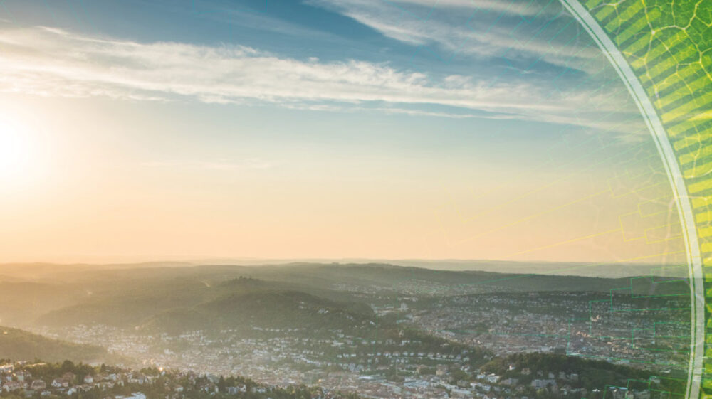 Aerial view of Uppsala, Sweden in circular green leaf frame