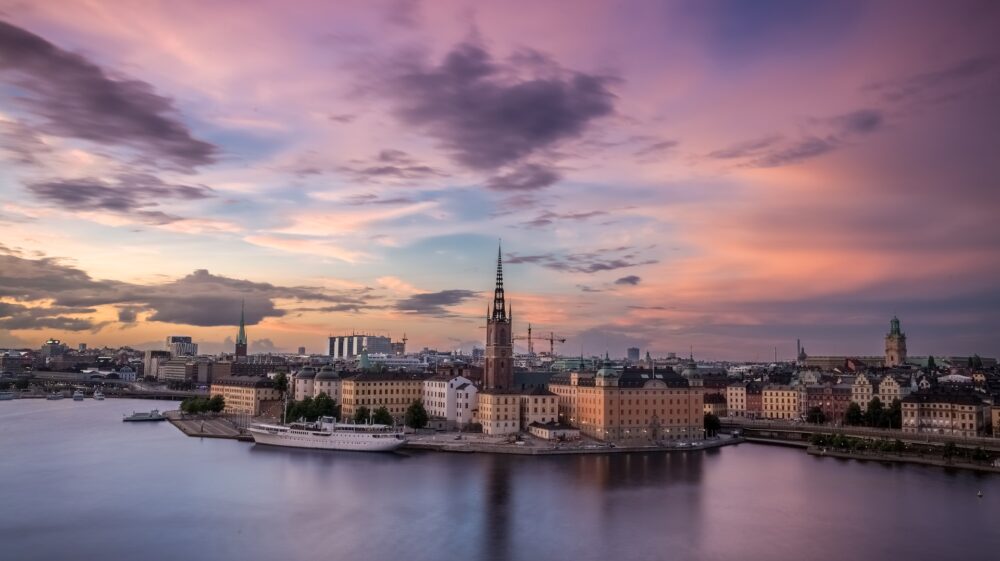 Stockholm harbour purple sky