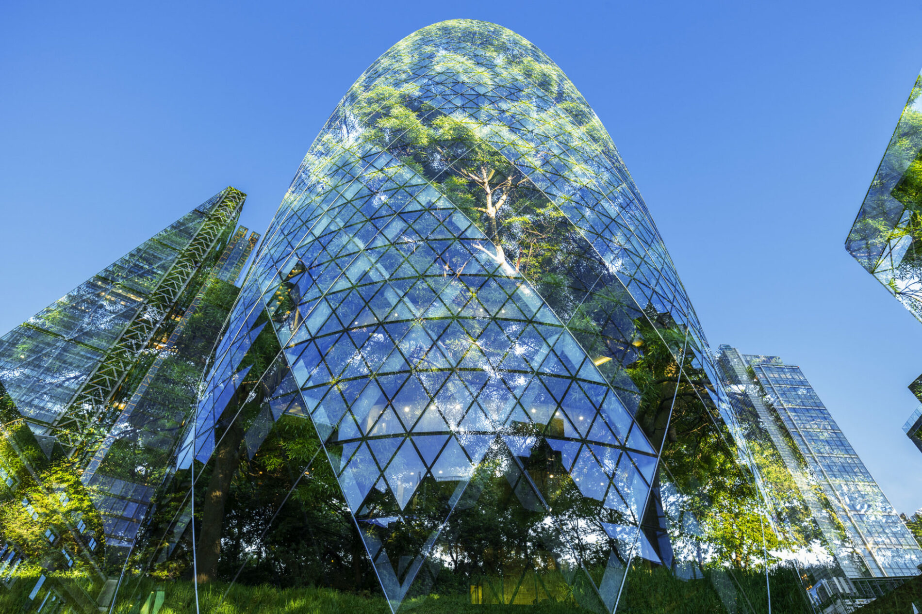 Illustration of trees, windows and buildings in London's financial district