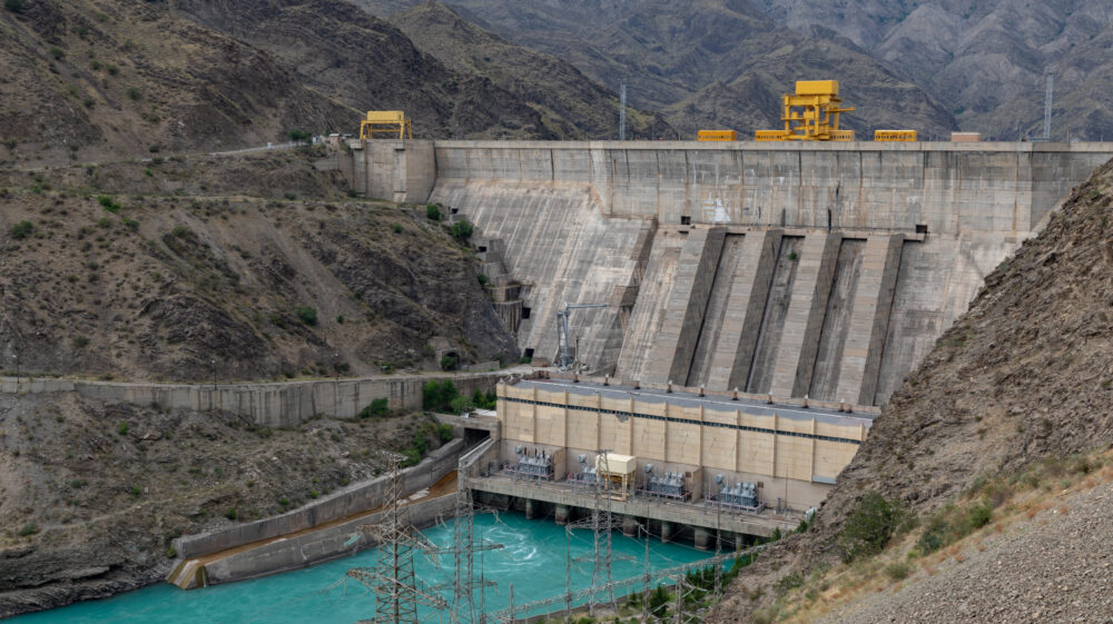 The perspective seen downstream of the Kurpsai Dam on the Naryn River in Kyrgyzstan.