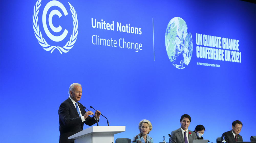 US President Joe Biden announces the Global Methane Pledge at COP26 in Glasgow alongside EU Commissioner Ursula von der Leyen, Canadian Prime Minister Justin Trudeau and South Korean President Moon Jae-in, 2 November 2021