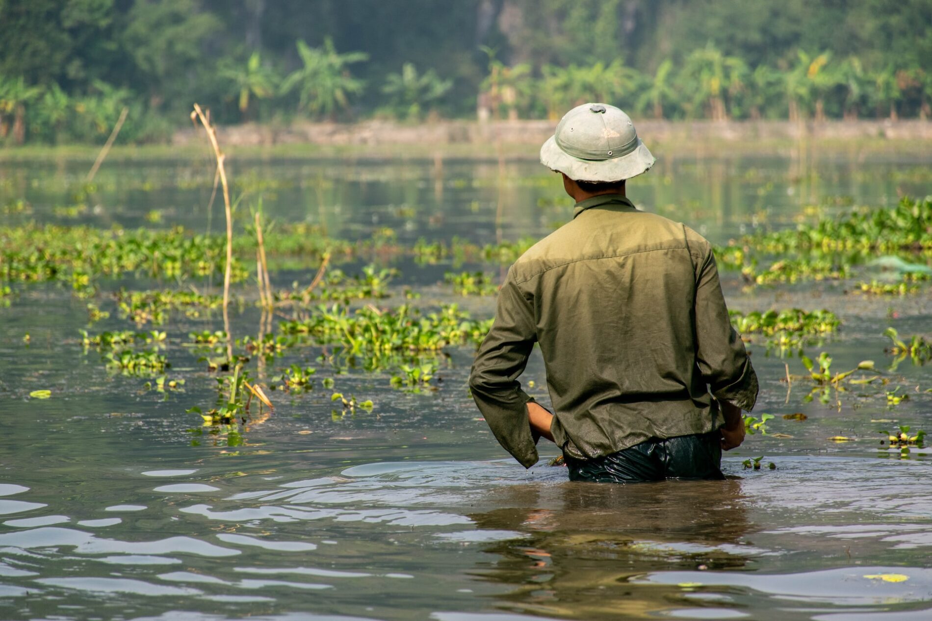Man in flooded field