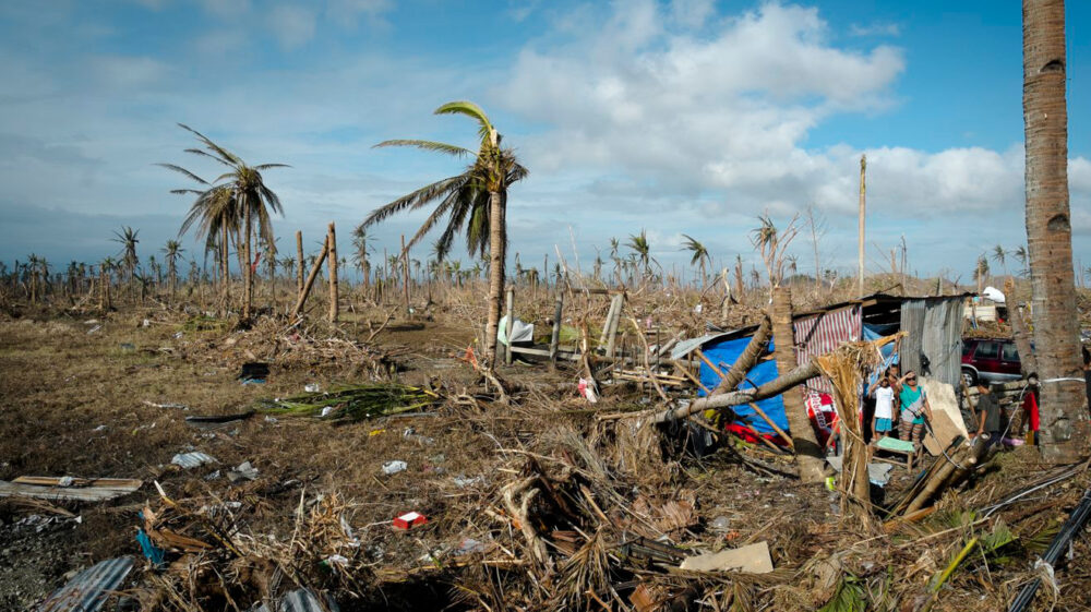 Desolate and damaged landscape after Typhoon Haiyan devastates the Philippines.