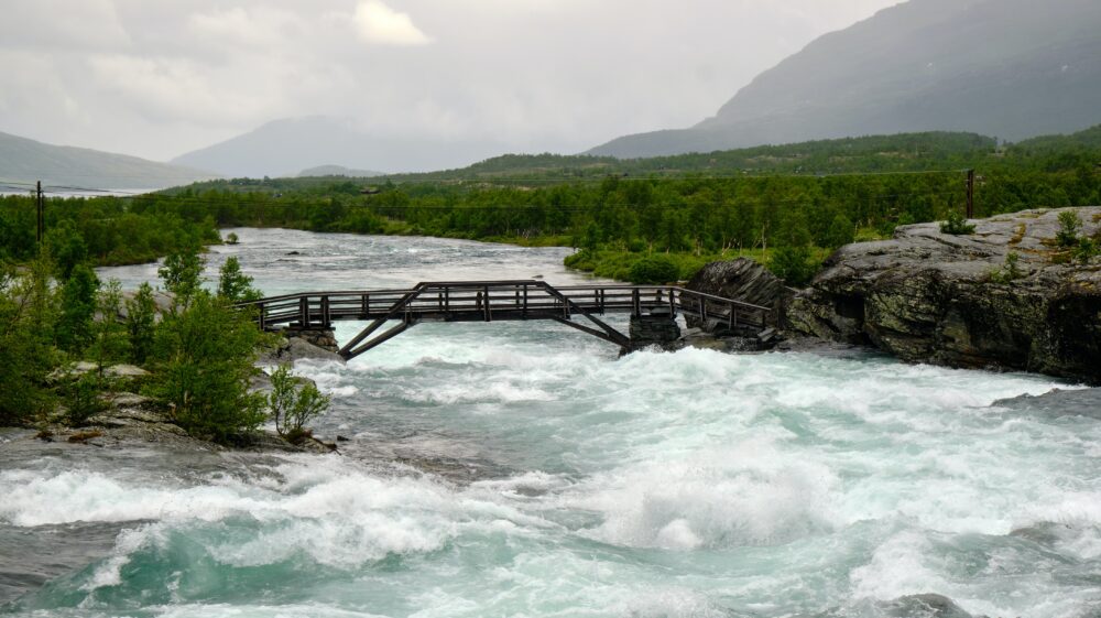 Brown Wooden Bridge Over River, Våga, Innlandet, Norway