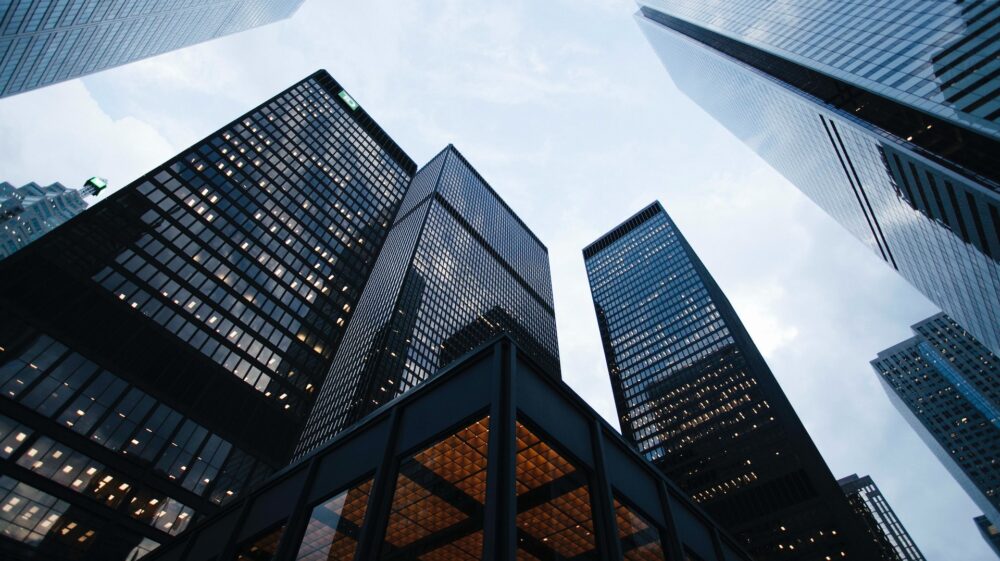 Toronto financial district skyline from ground up