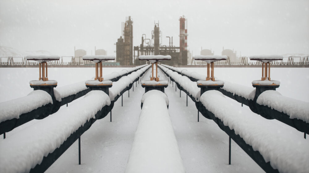 Snow-covered natural gas pipelines stretch across a white snowscape.