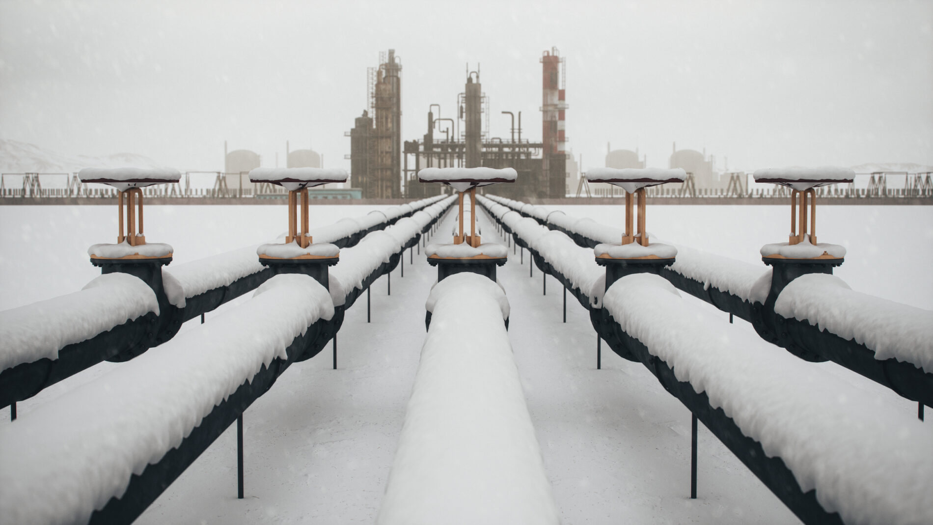 Snow-covered natural gas pipelines stretch across a white snowscape.