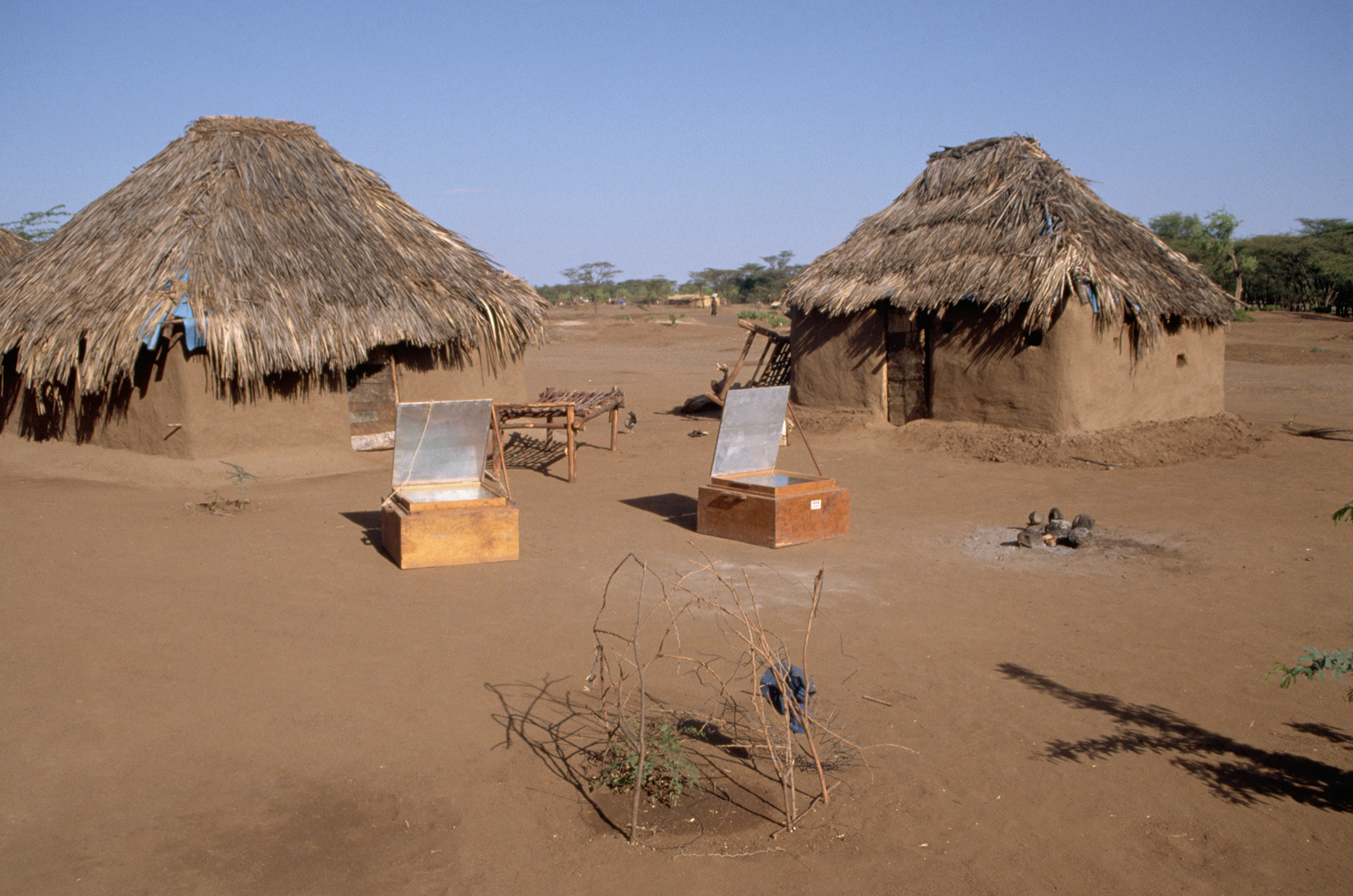Solar Ovens Beside Huts in Kakuma Refugee Camp in Kenya
