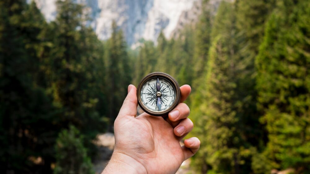 Person holding compass with forest in background.