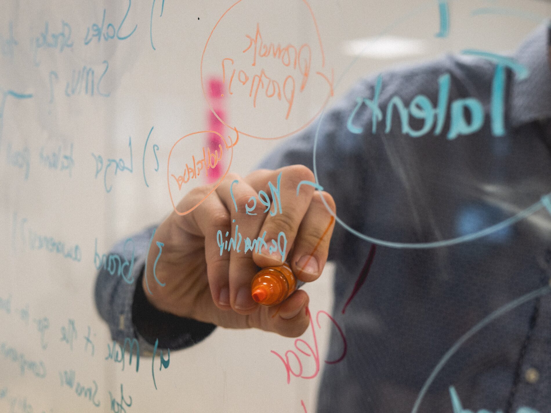 Writing with orange marker on transparent whiteboard
