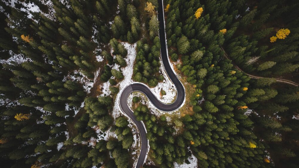 Bird's Eye View Of Roadway Surrounded By Trees. Cortina d'Ampezzo, Veneto, Italy