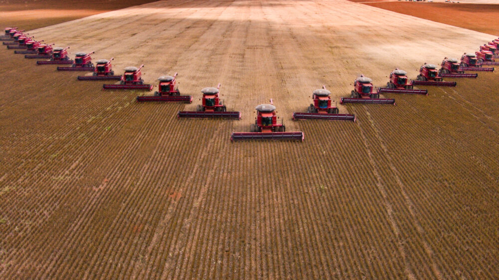 Mass soybean harvesting in Campo Verde, Mato Grosso, Brazil.