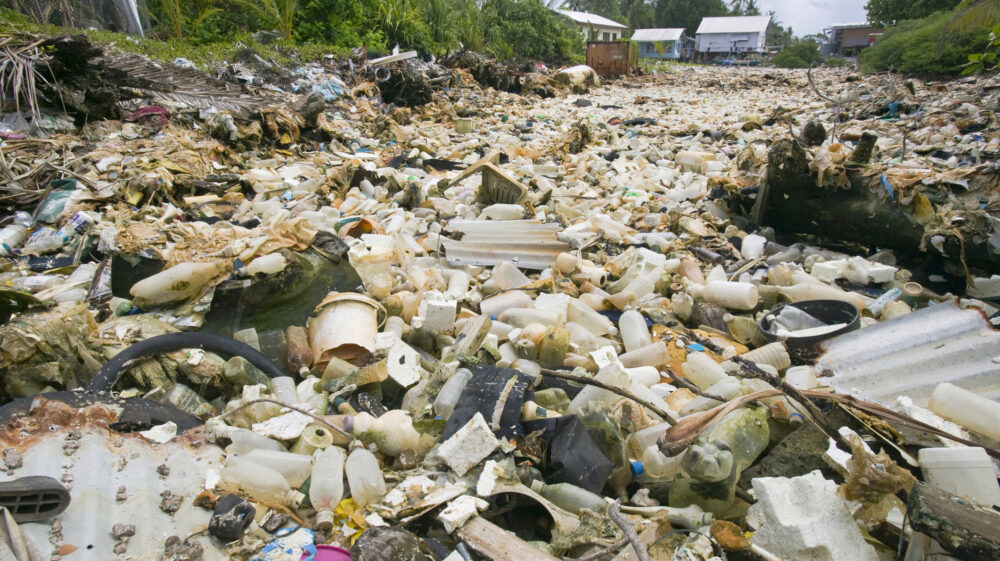 Plastic garbage litters a lagoon in the island nation of Tuvalu.