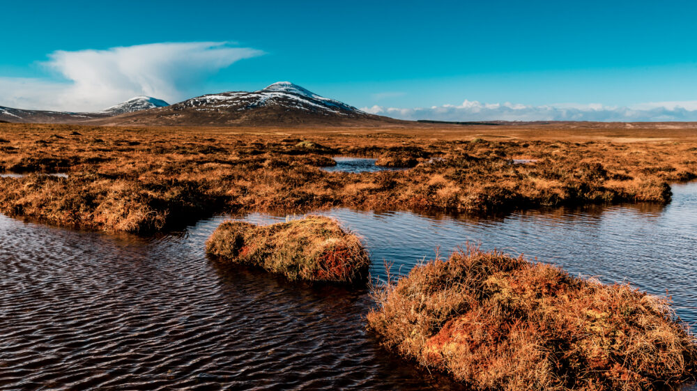 Landscape view over water and peat bogs at Forsinard, Scotland towards Ben Griam Beag