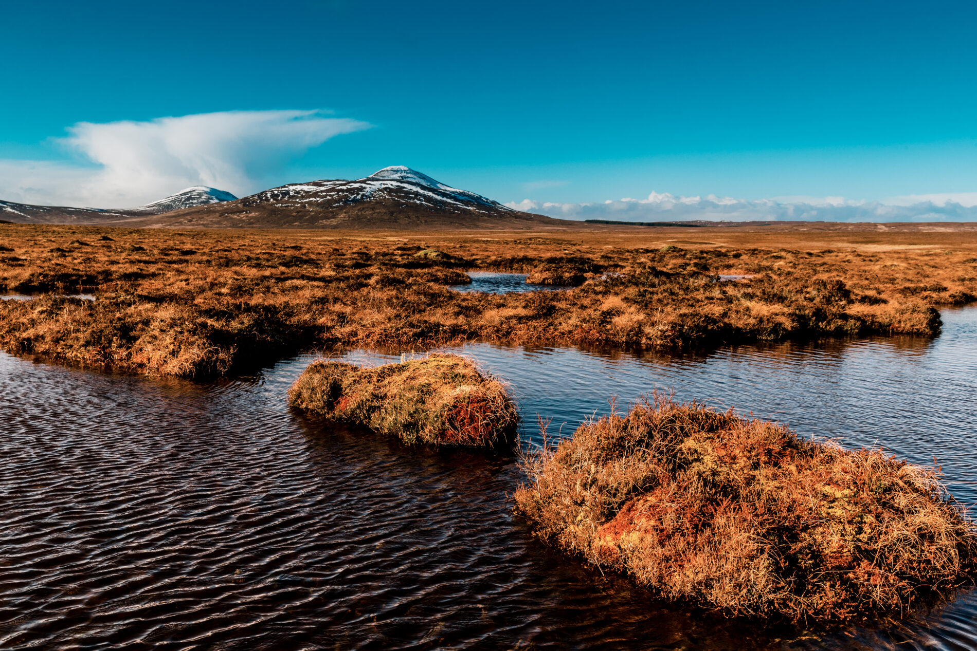 Landscape view over water and peat bogs at Forsinard, Scotland towards Ben Griam Beag