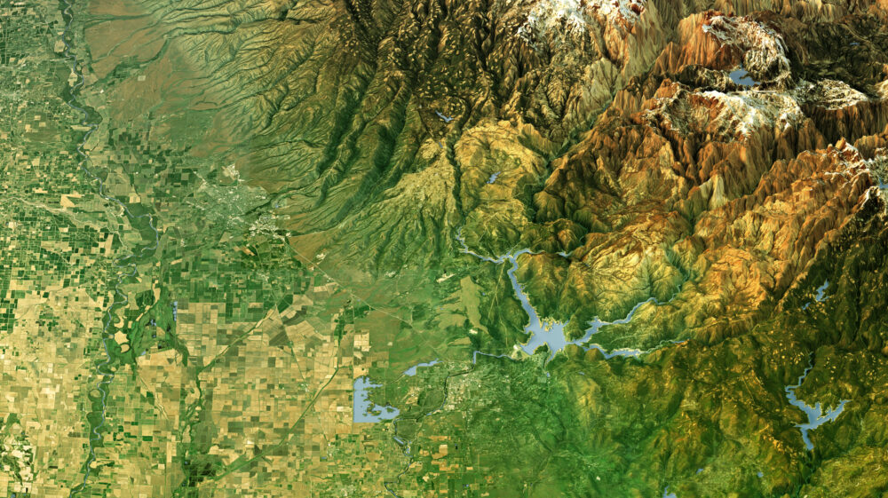 3D aerial rendering of mountains, cities and freshwater bodies in Butte County, California