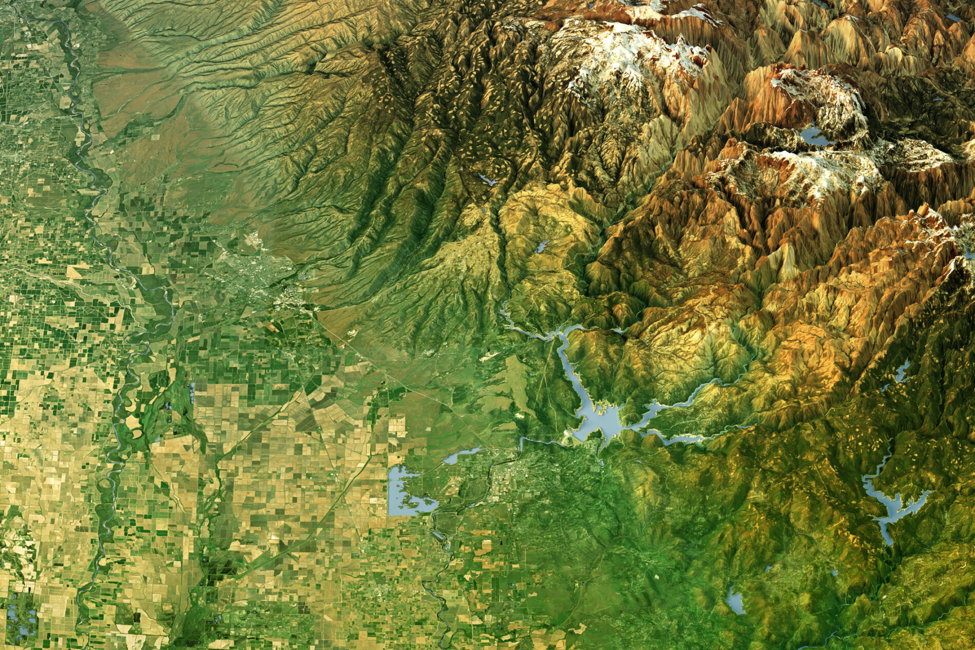 3D aerial rendering of mountains, cities and freshwater bodies in Butte County, California