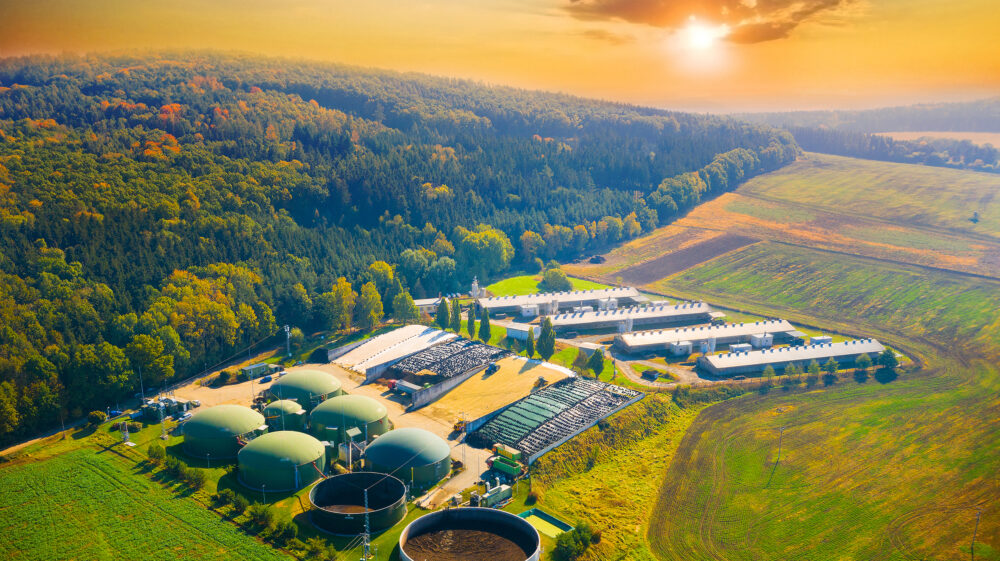 Biogas plant in agricultural landscape, Czech Republic.