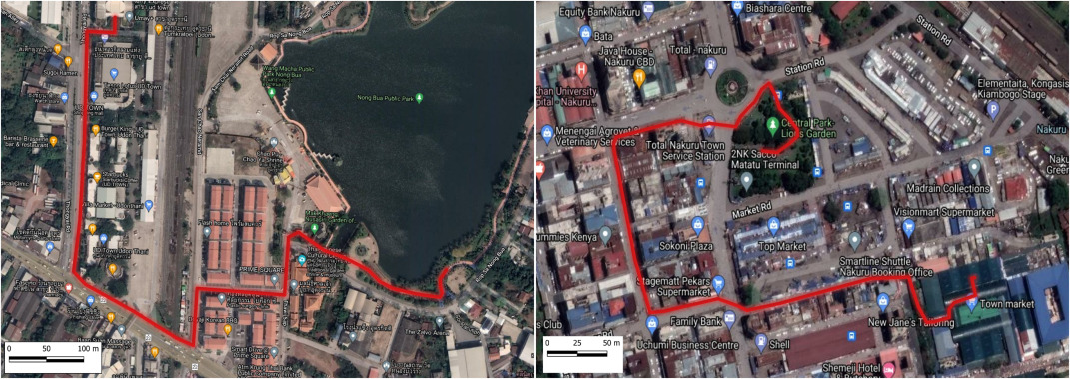 Nakuru and Udon Thani walking route map. Participants walked the indicated routes starting either in at the market or in the park areas.