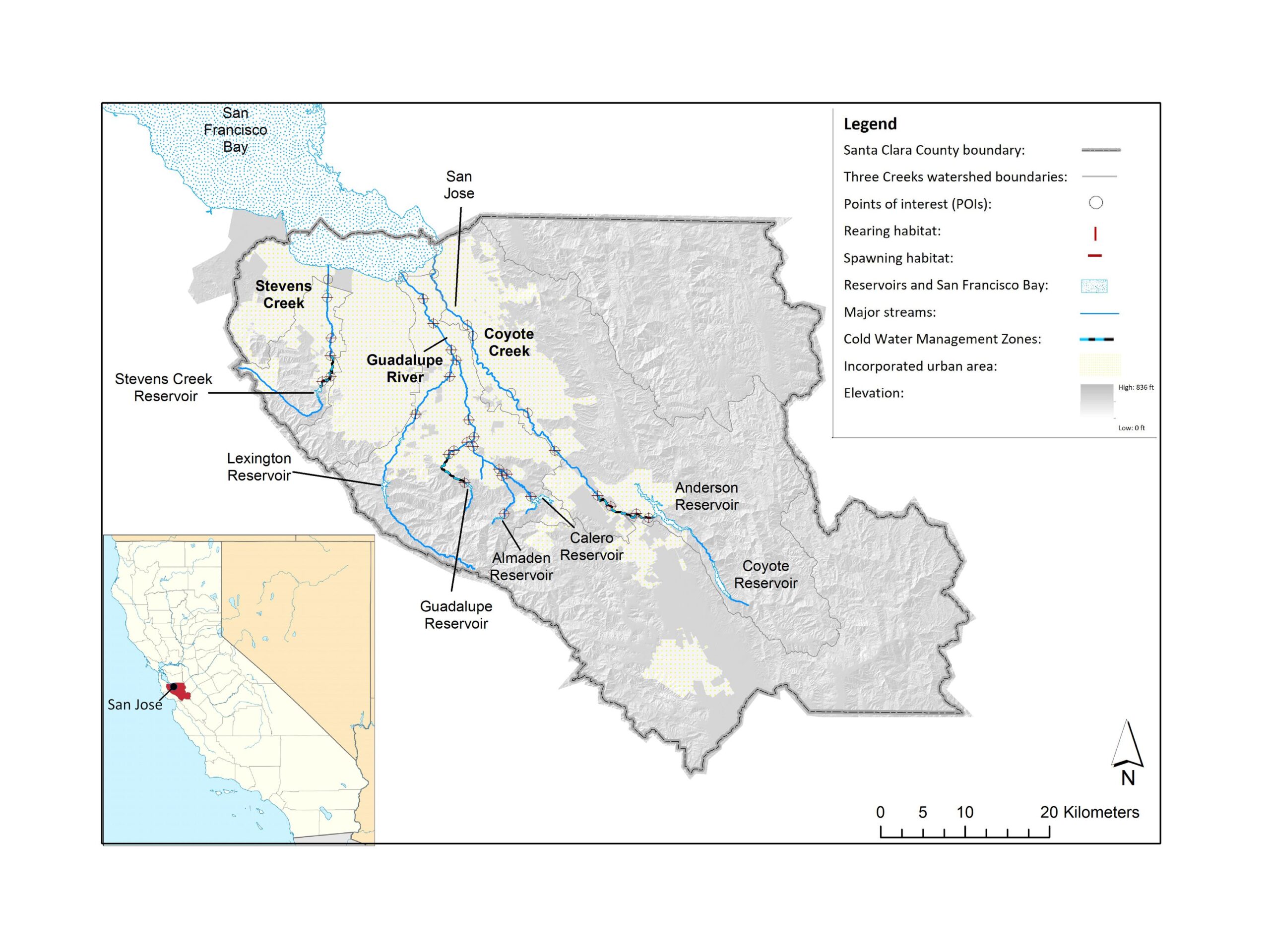Map of Santa Clara County, California, which includes the Three Creeks watershed studied in this journal article. The watershed, located south of the San Francisco Bay, includes Stevens Creek, Coyote Creek and Guadalupe River, which each drain north into the bay.