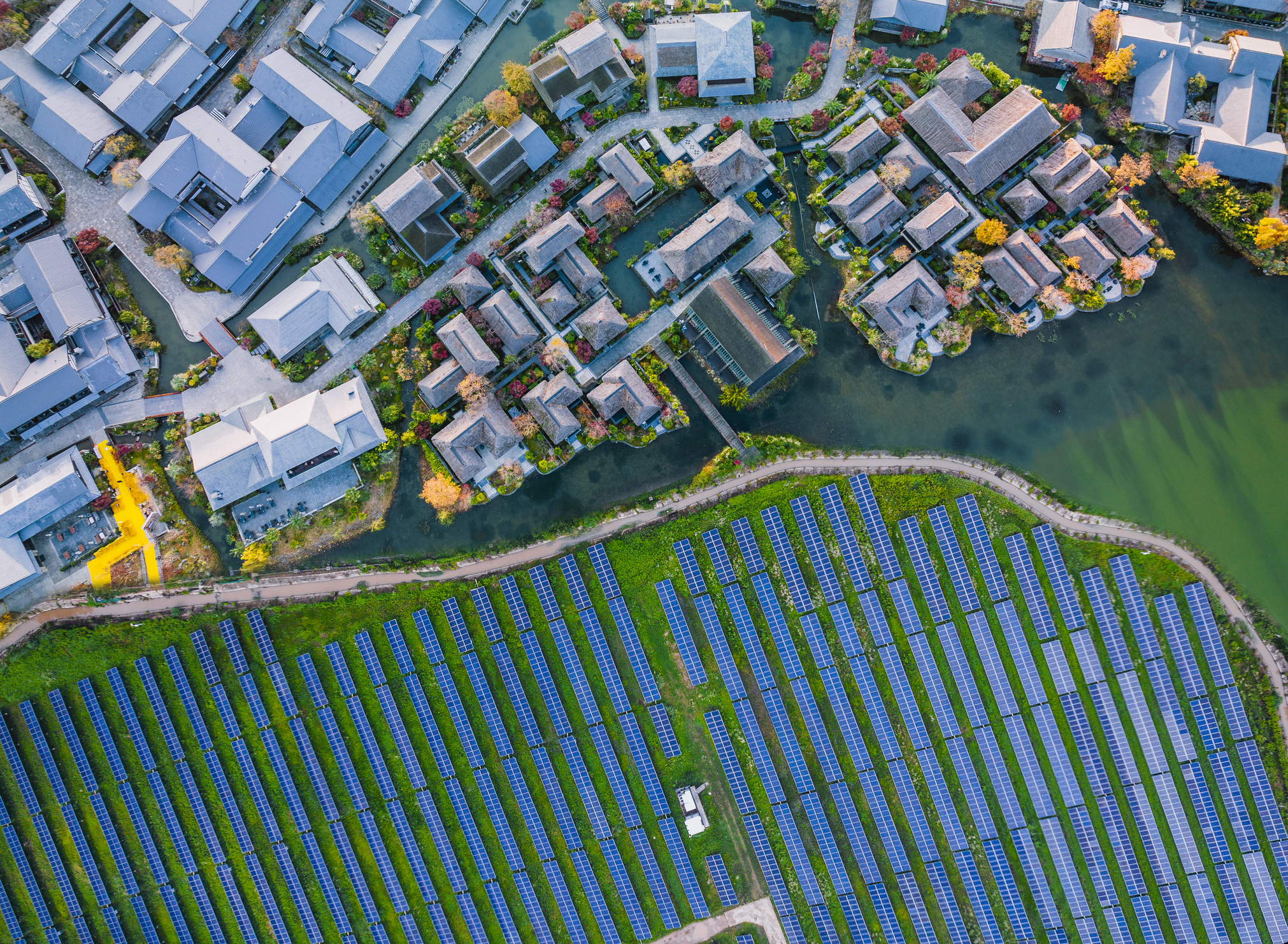 Solar power station with modern city buildings in Shanghai.