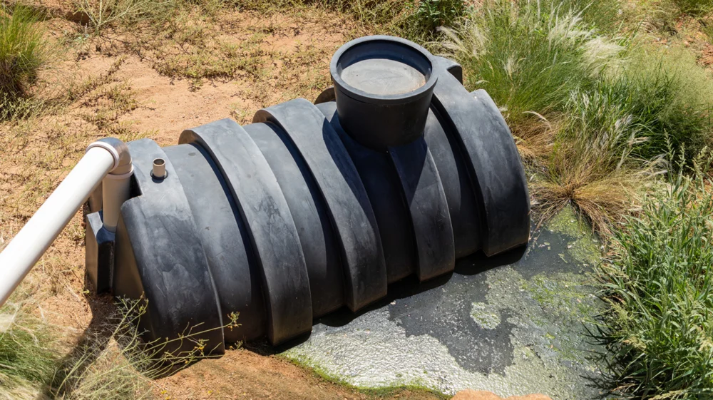 Black septic tank that is partially buried in the ground. The tank is leaking dirty polluted water into the ground next to it. Green algae is growing in the water.