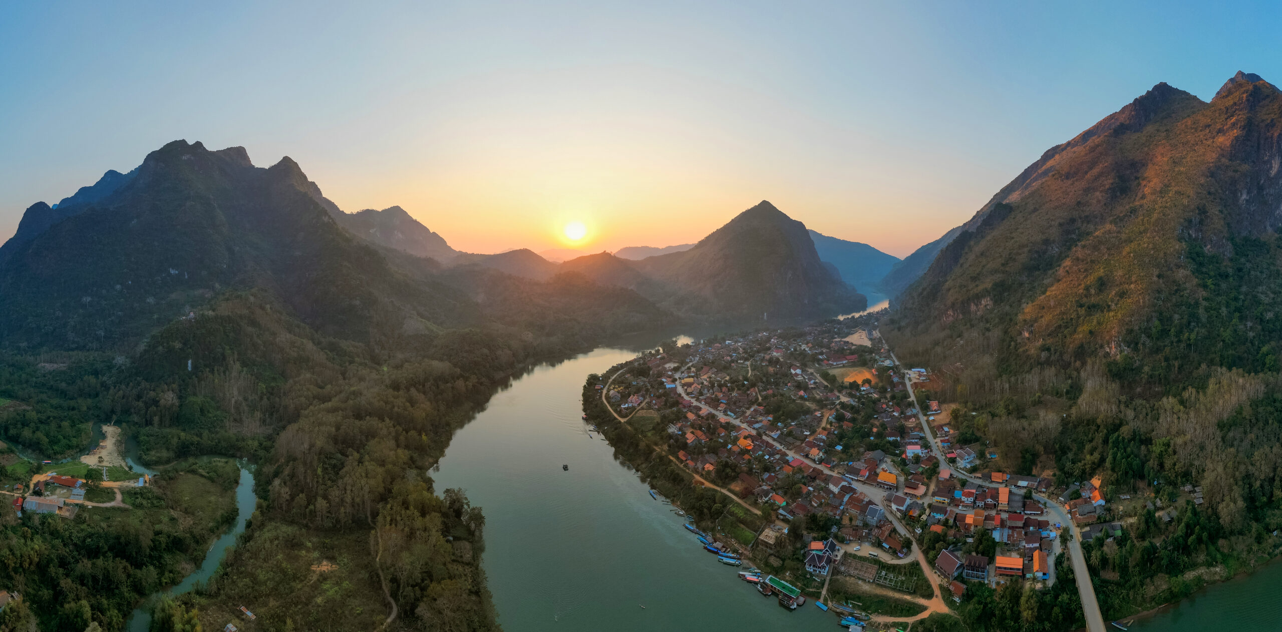 Aerial view of tranquil scene of Mekong river at sunset
