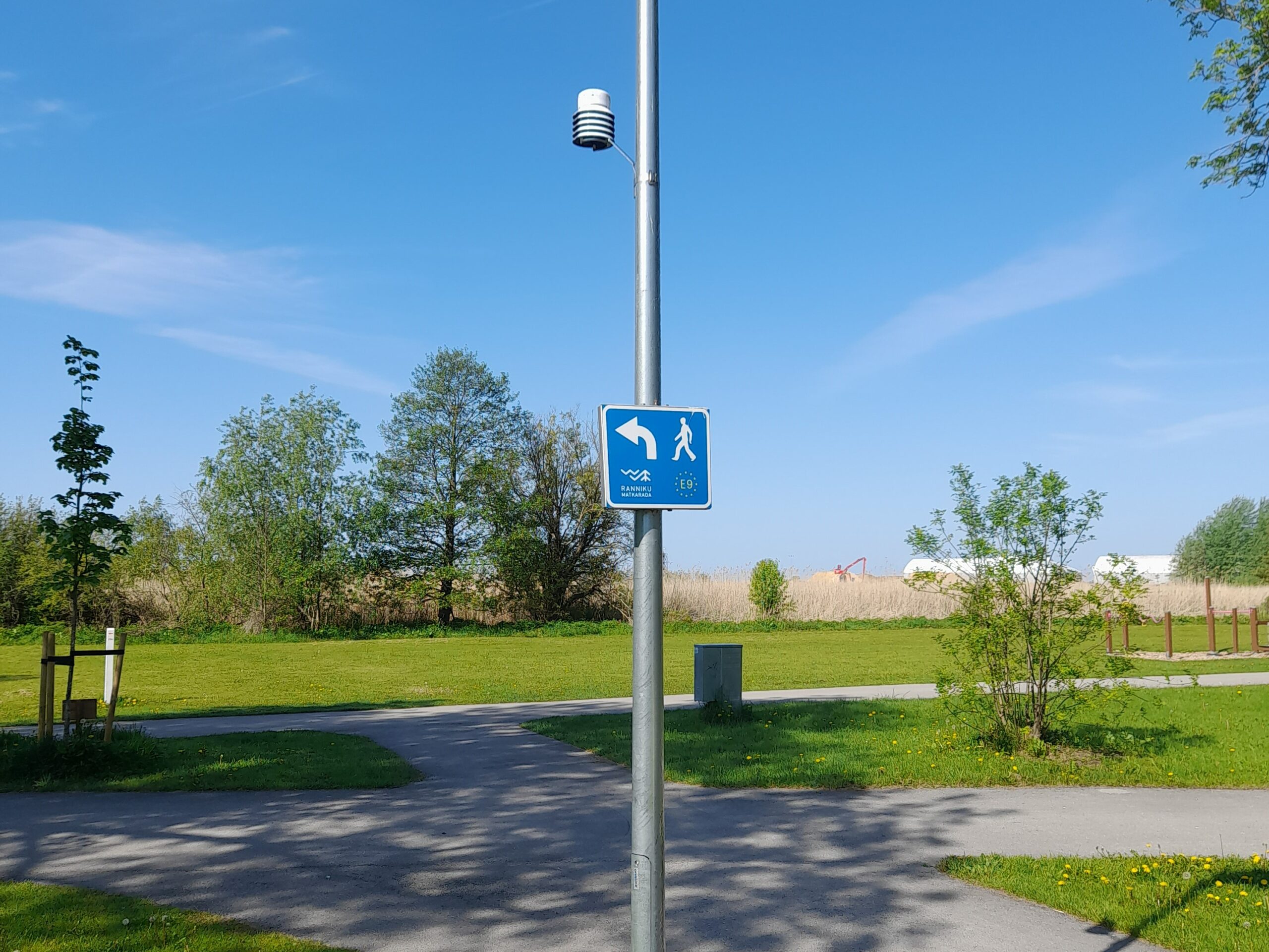 Summery photo of a green area with pathways and a lamp post that has a weather sensor attached to it.