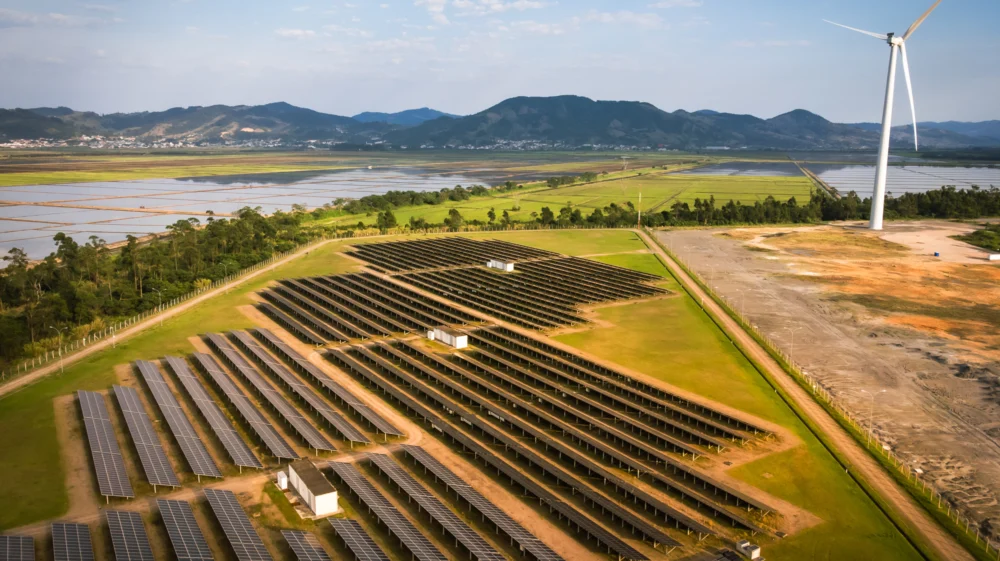 Aerial view of a region with a sustainable plant in the production of clean energy